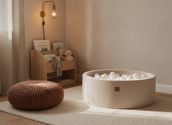 MeowBaby Ecru Aesthetic Round Ball Pit beside a reading corner with books