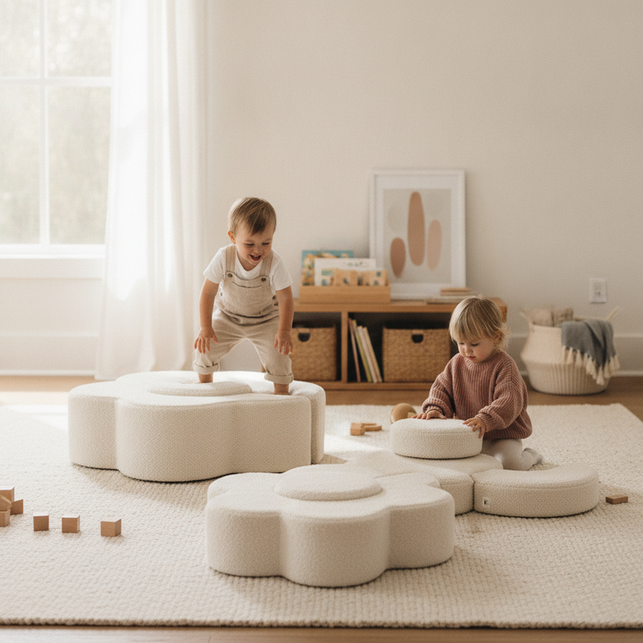 Two children playing with the MeowBaby Flower Shape Set foam pieces in a bright playroom