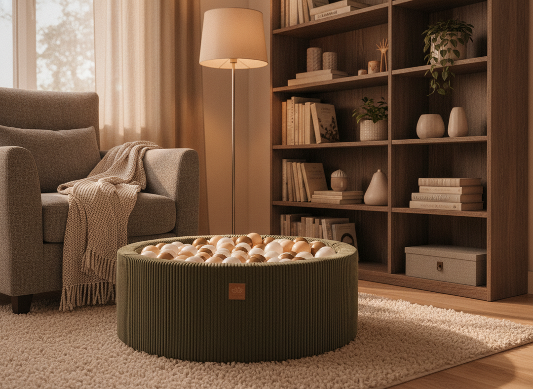 MeowBaby Khaki Aesthetic Round Ball Pit beside a bookshelf in a cosy reading nook