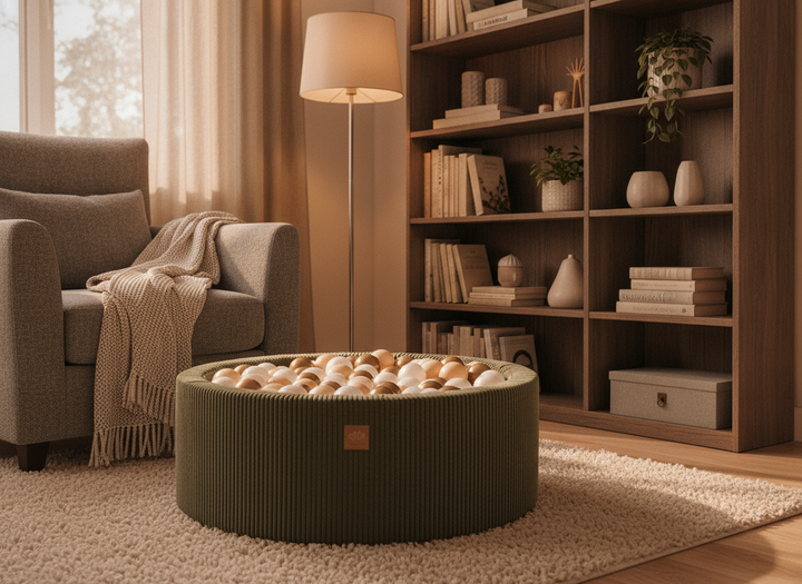 MeowBaby Khaki Aesthetic Round Ball Pit beside a bookshelf in a cosy reading nook