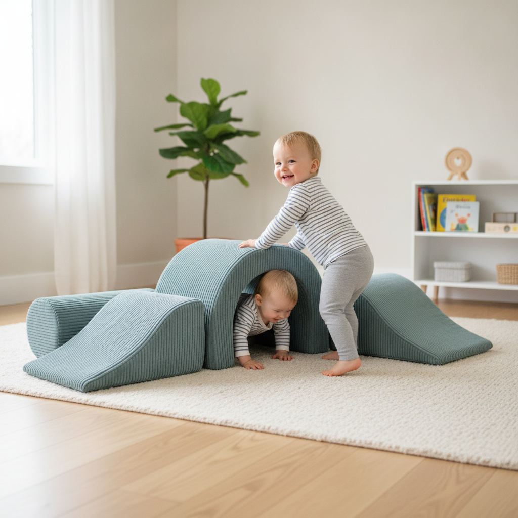 Toddlers playing on the MeowBaby Playground 5 Elements soft-play set, using the arch as a tunnel and the wedges as ramps