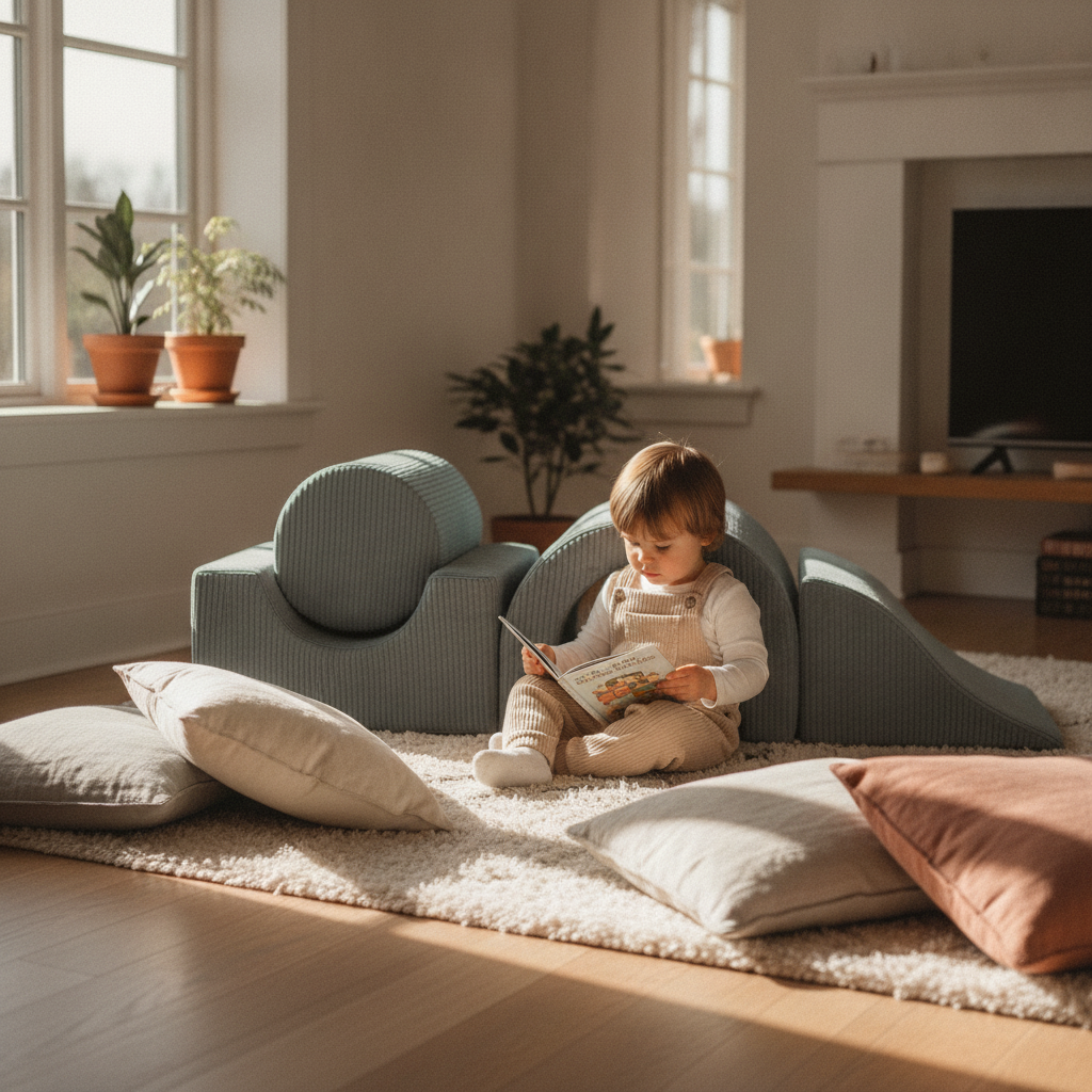 Child sitting comfortably in the MeowBaby Playground 5 Elements soft-play set reading a book