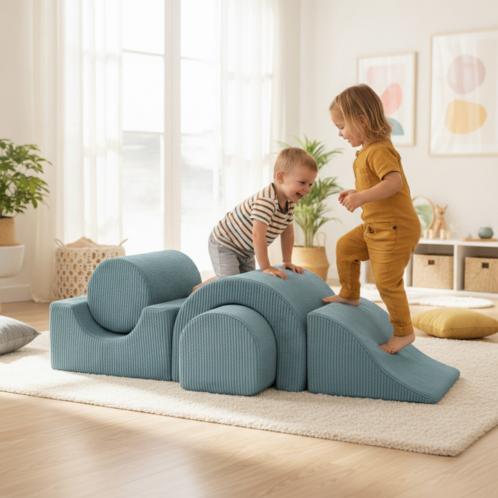 Two children playing together on the sturdy corduroy MeowBaby Playground 5 Elements soft-play set at home