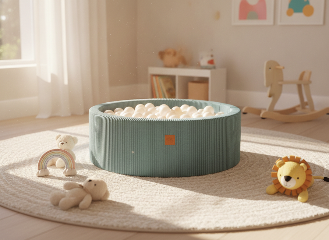 MeowBaby Turquoise Aesthetic Round Ball Pit on a rug in a sunlit playroom