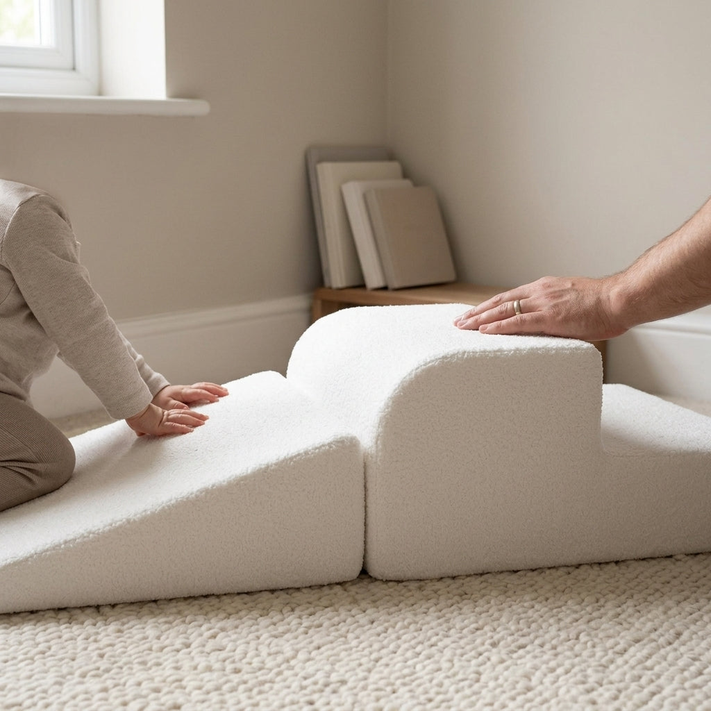 Toddler crawling up a soft foam ramp from a three-piece play set