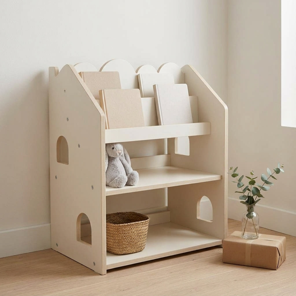 Beige house-shaped Montessori bookcase holding board books in a child's room