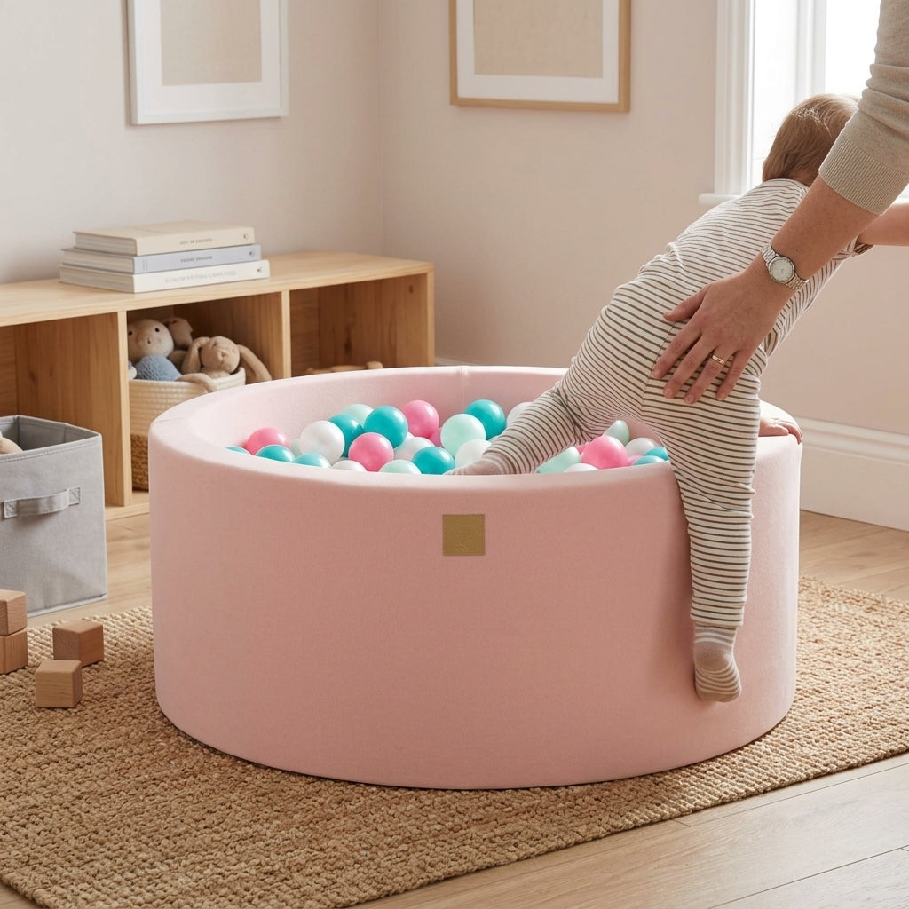 Toddler climbing into a powder pink round cotton ball pit