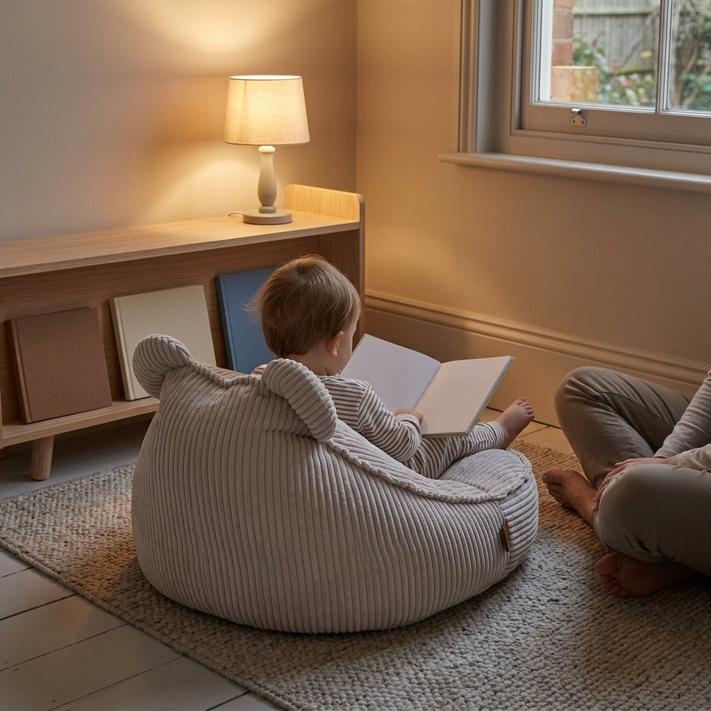 Toddler reading in an ecru children's bean bag with soft ears in a cosy corner