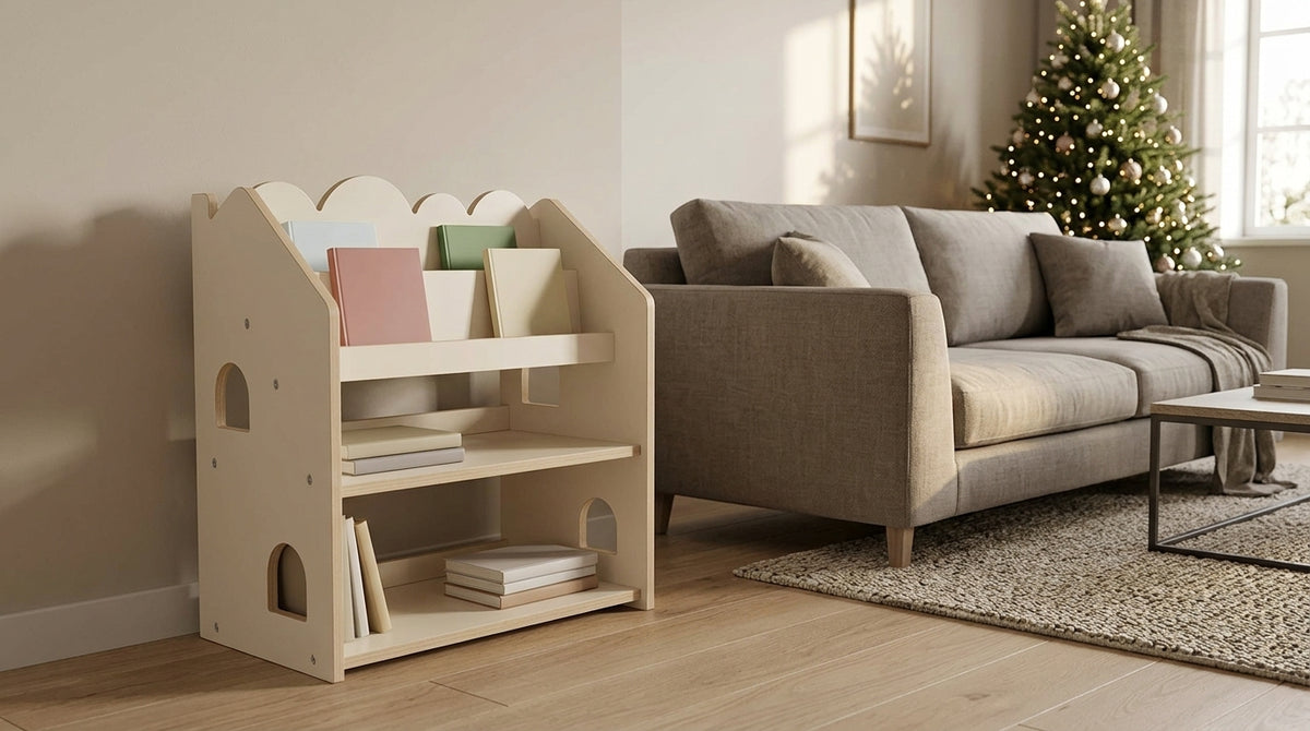 Beige house-shaped kids bookcase beside a sofa in a family living room