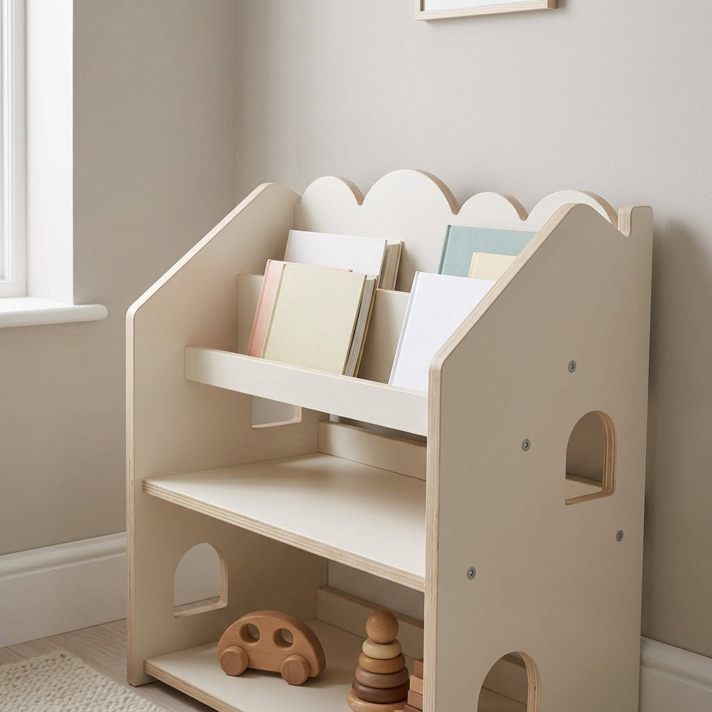 Close view of a kids bookcase with a curved roofline and books facing forward