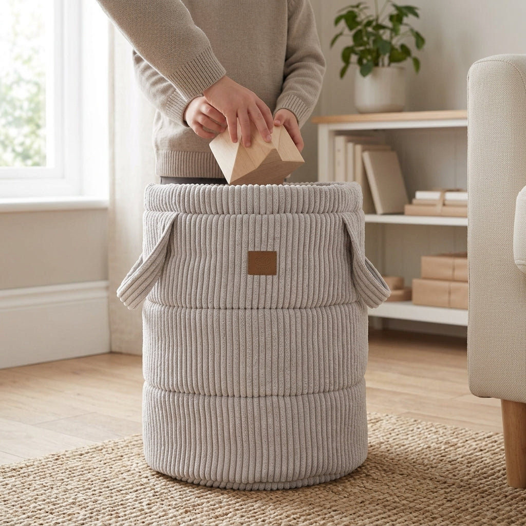 Child's hands dropping a toy into an ecru corduroy storage basket