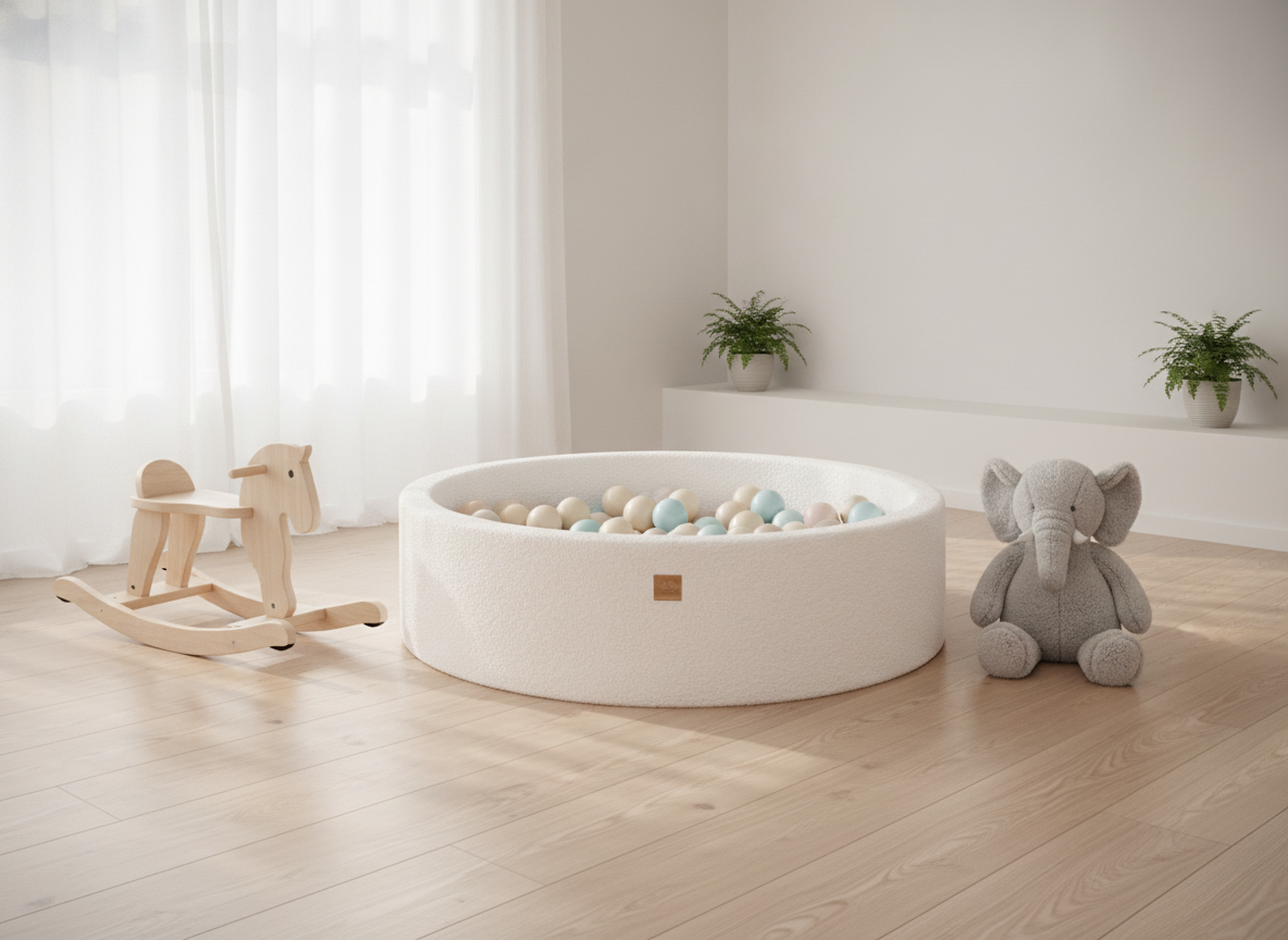 MeowBaby White Boucle Round ball pit 120cm in a spacious bright playroom