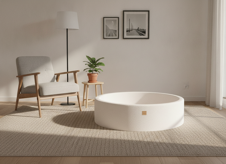 MeowBaby White Boucle Round ball pit 120cm on a rug in a modern Scandi living room
