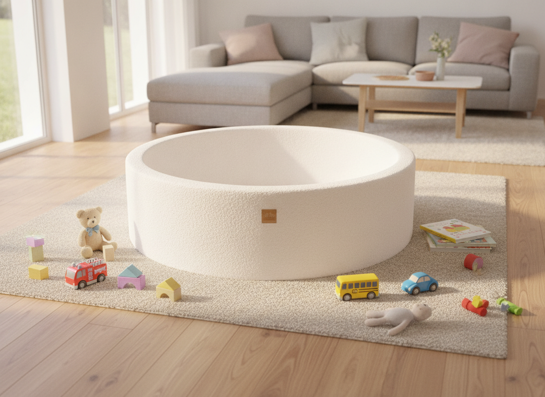 MeowBaby White Boucle Round ball pit 120cm in an open-plan family room with toys
