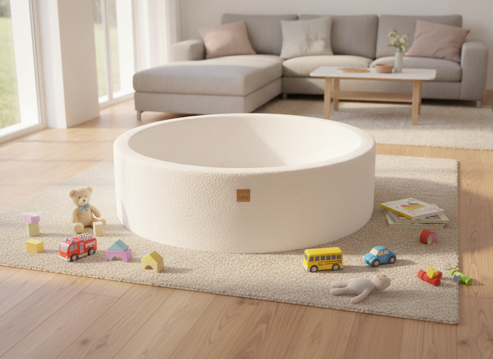 MeowBaby White Boucle Round ball pit 120cm in an open-plan family room with toys