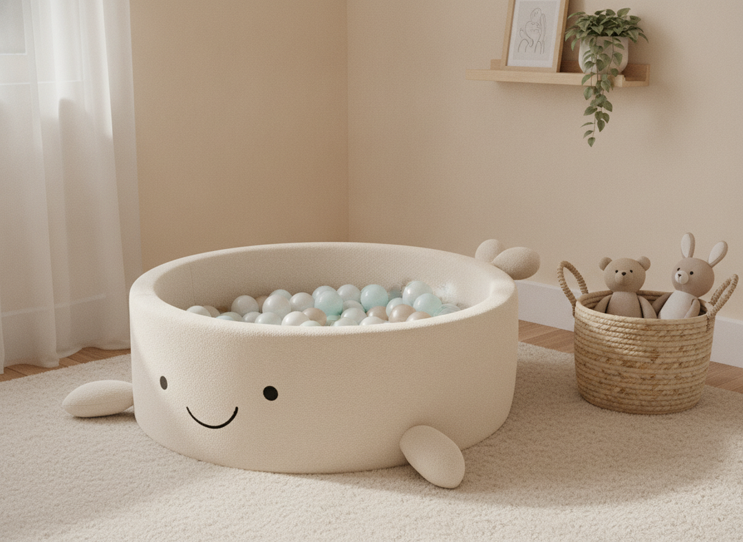 MeowBaby Cheesecake Cream Beige boucle whale ball pit in a calm warm-toned nursery corner