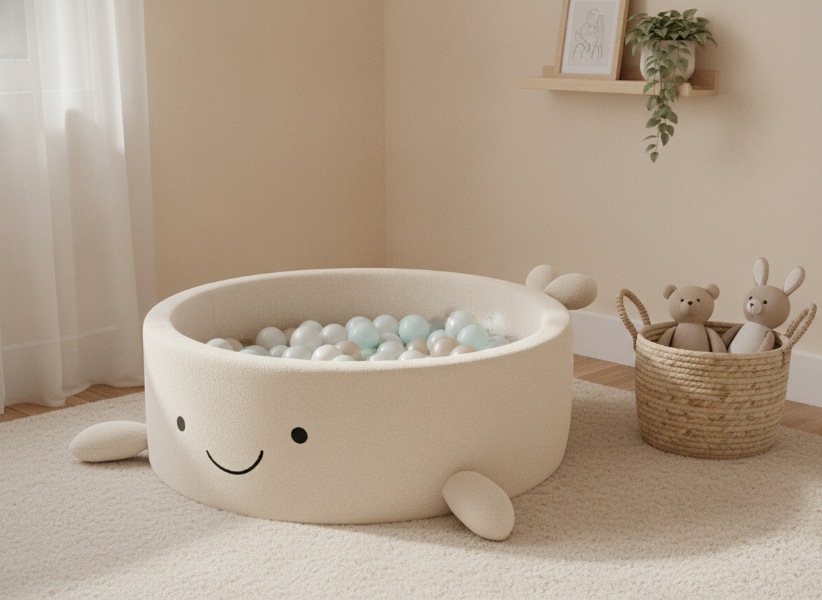 MeowBaby Cheesecake Cream Beige boucle whale ball pit in a calm warm-toned nursery corner