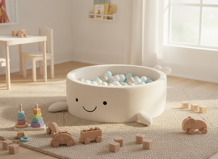 MeowBaby Cheesecake Cream Beige boucle whale ball pit on a rug in a bright playroom with wooden toys