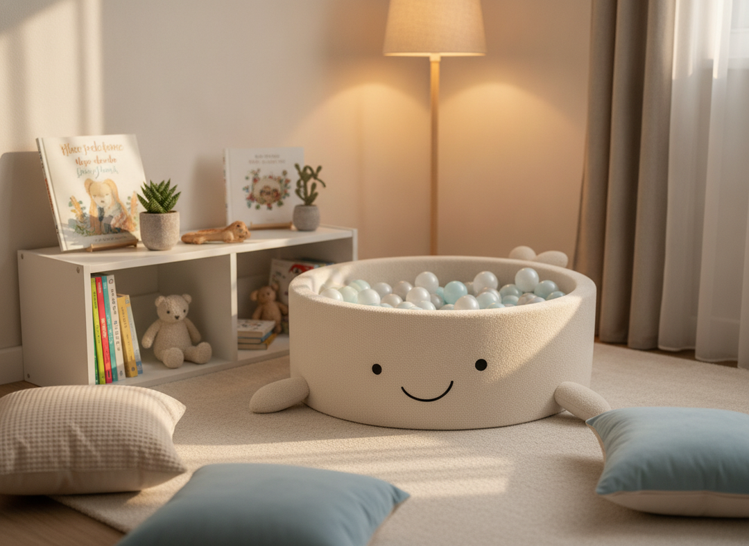 MeowBaby Cheesecake Cream Beige boucle whale ball pit in a cosy family snug beside a bookshelf