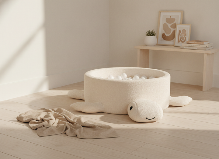 MeowBaby Cheesecake Cream Beige boucle turtle ball pit in a bright Scandi nursery corner