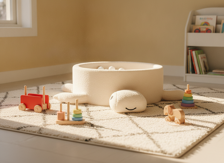 MeowBaby Cheesecake Cream Beige boucle turtle ball pit on a rug in a bright playroom with wooden toys