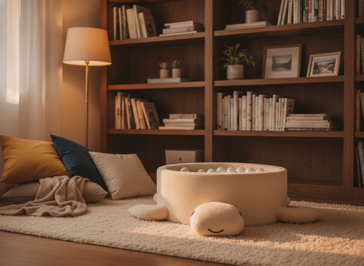 MeowBaby Cheesecake Cream Beige boucle turtle ball pit in a cosy reading nook beside a bookshelf