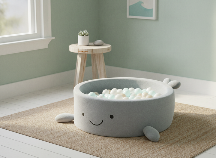 MeowBaby Dusty Ice Blue boucle whale ball pit in a coastal-inspired nursery corner
