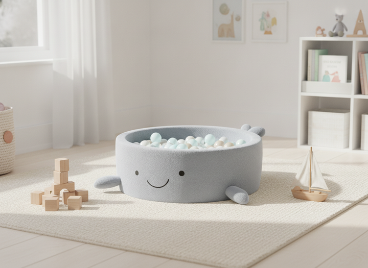 MeowBaby Dusty Ice Blue boucle whale ball pit on a rug in a bright playroom with wooden toys