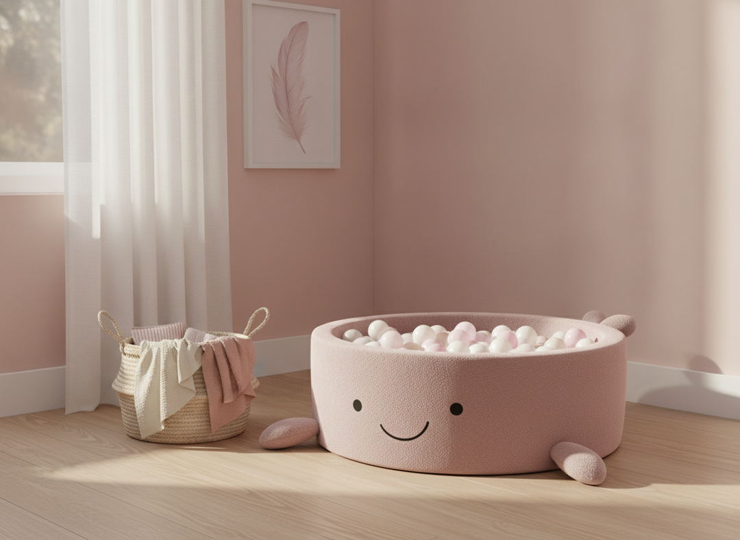 MeowBaby Raspberry Glaze Pink boucle whale ball pit in a soft pink and neutral nursery corner
