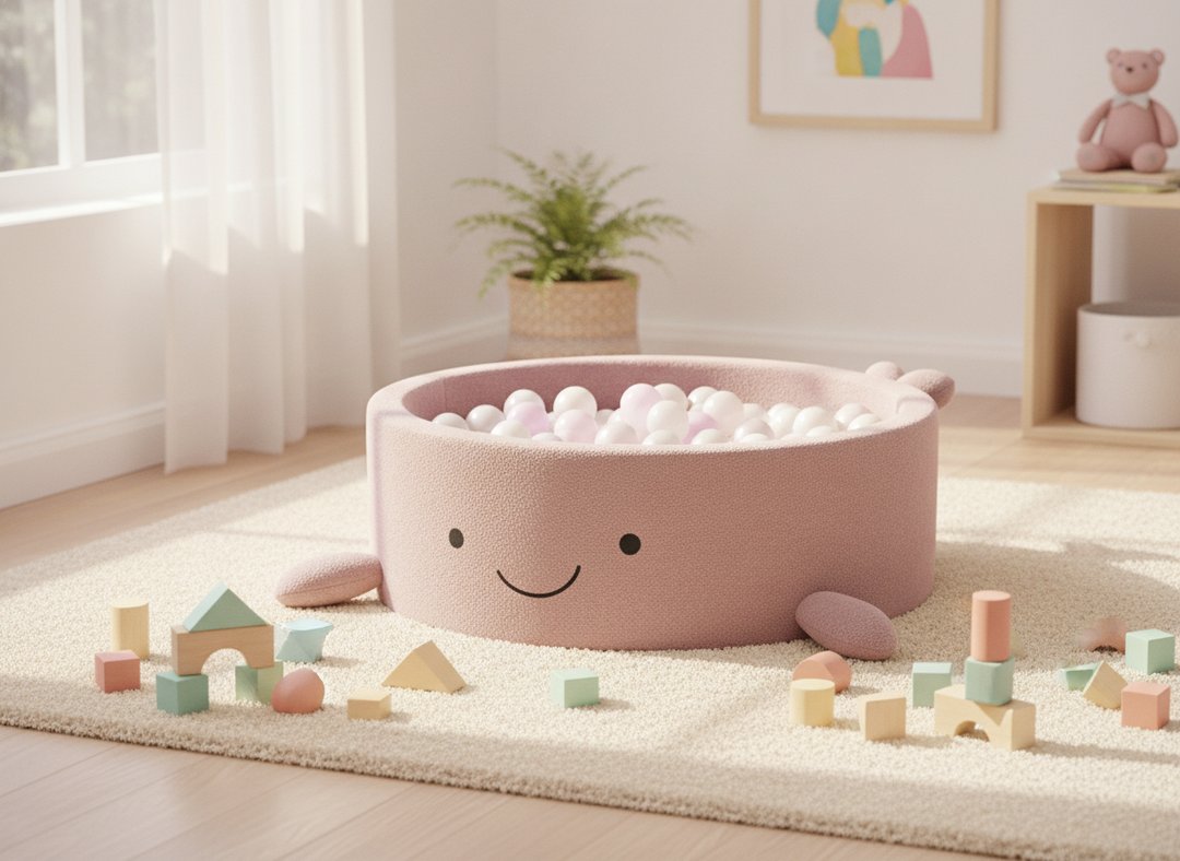 MeowBaby Raspberry Glaze Pink boucle whale ball pit on a cream rug with pastel building blocks