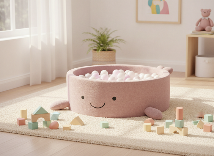 MeowBaby Raspberry Glaze Pink boucle whale ball pit on a cream rug with pastel building blocks