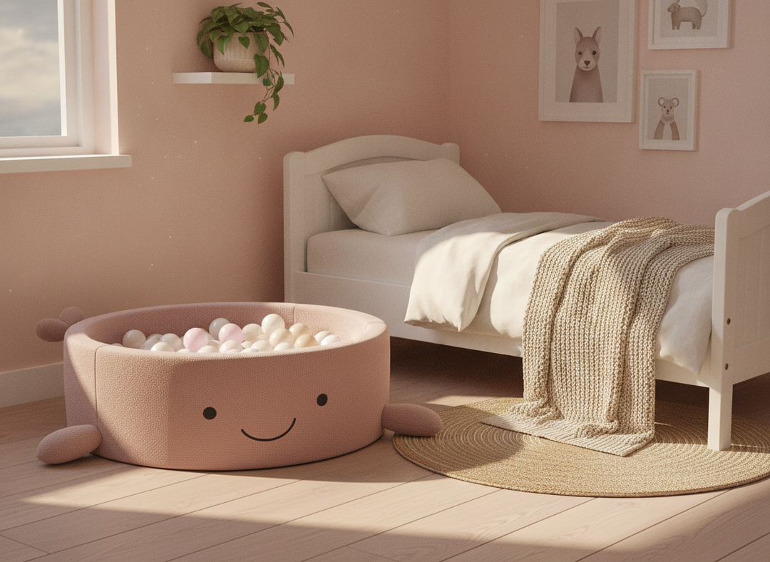 MeowBaby Raspberry Glaze Pink boucle whale ball pit in a bedroom corner beside a small bed