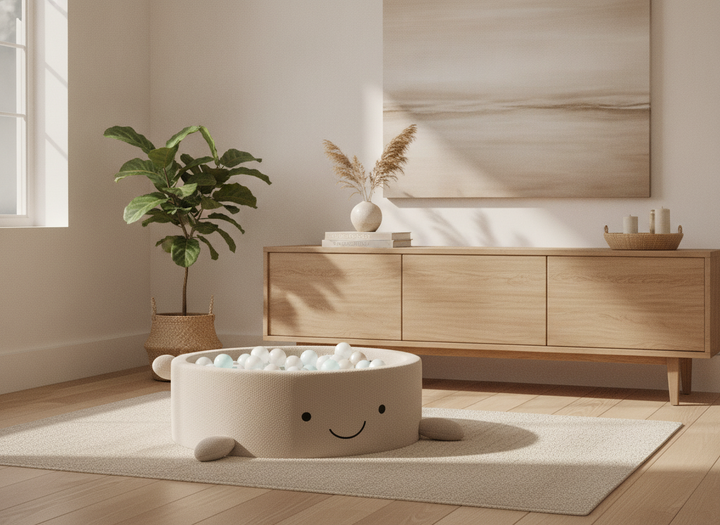 MeowBaby Oat Biscuit Beige boucle whale ball pit in a warm sunlit living room corner