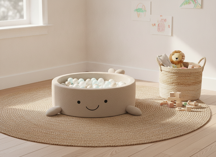 MeowBaby Oat Biscuit Beige boucle whale ball pit on a jute rug in a bright playroom with a toy basket