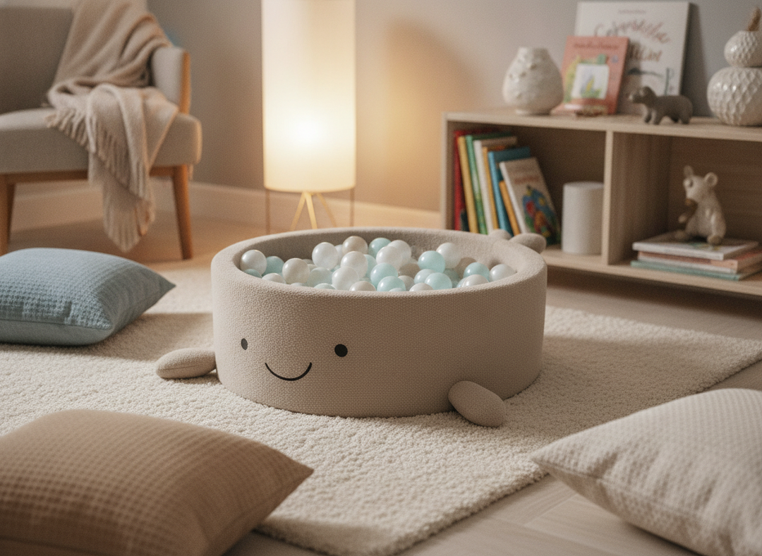 MeowBaby Oat Biscuit Beige boucle whale ball pit in a cosy family snug beside a bookshelf