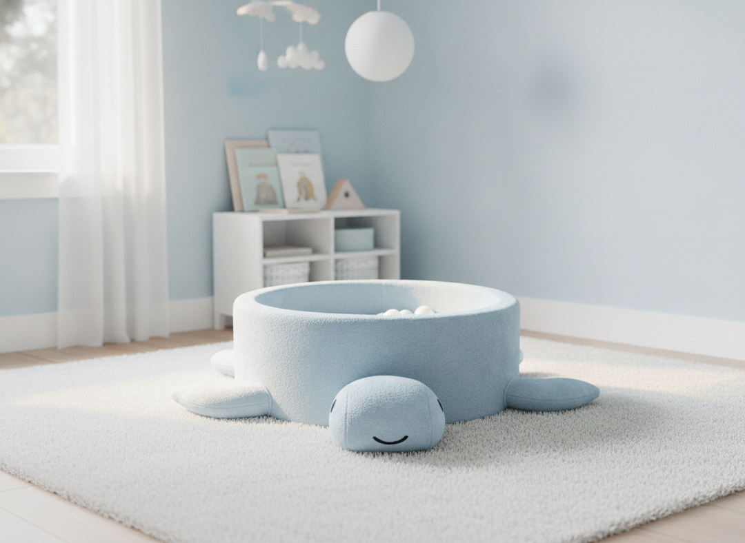 MeowBaby Dusty Ice Blue boucle turtle ball pit in a calm pale blue nursery corner