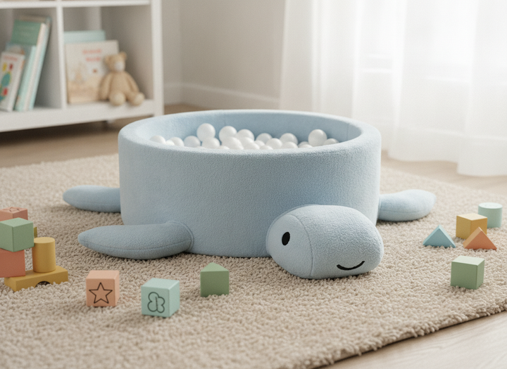 MeowBaby Dusty Ice Blue boucle turtle ball pit on a rug in a bright playroom with wooden blocks