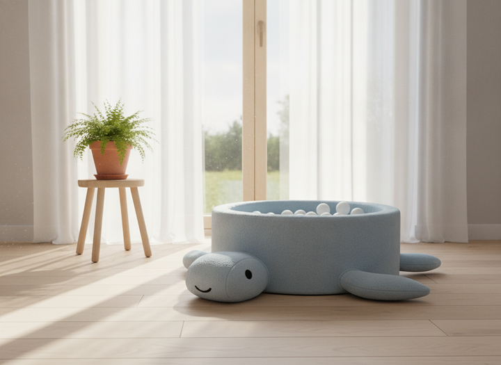 MeowBaby Dusty Ice Blue boucle turtle ball pit beside a window with sheer curtains and a potted plant