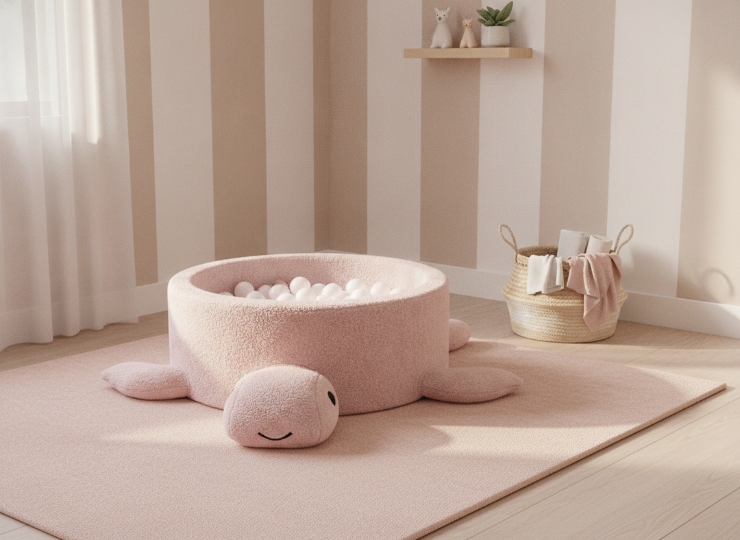 MeowBaby Raspberry Glaze Pink boucle turtle ball pit in a soft pink and neutral nursery corner