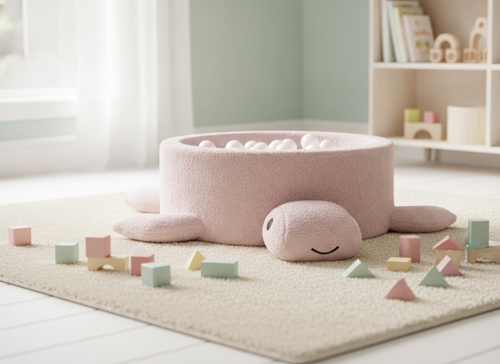 MeowBaby Raspberry Glaze Pink boucle turtle ball pit on a cream rug with pastel building blocks