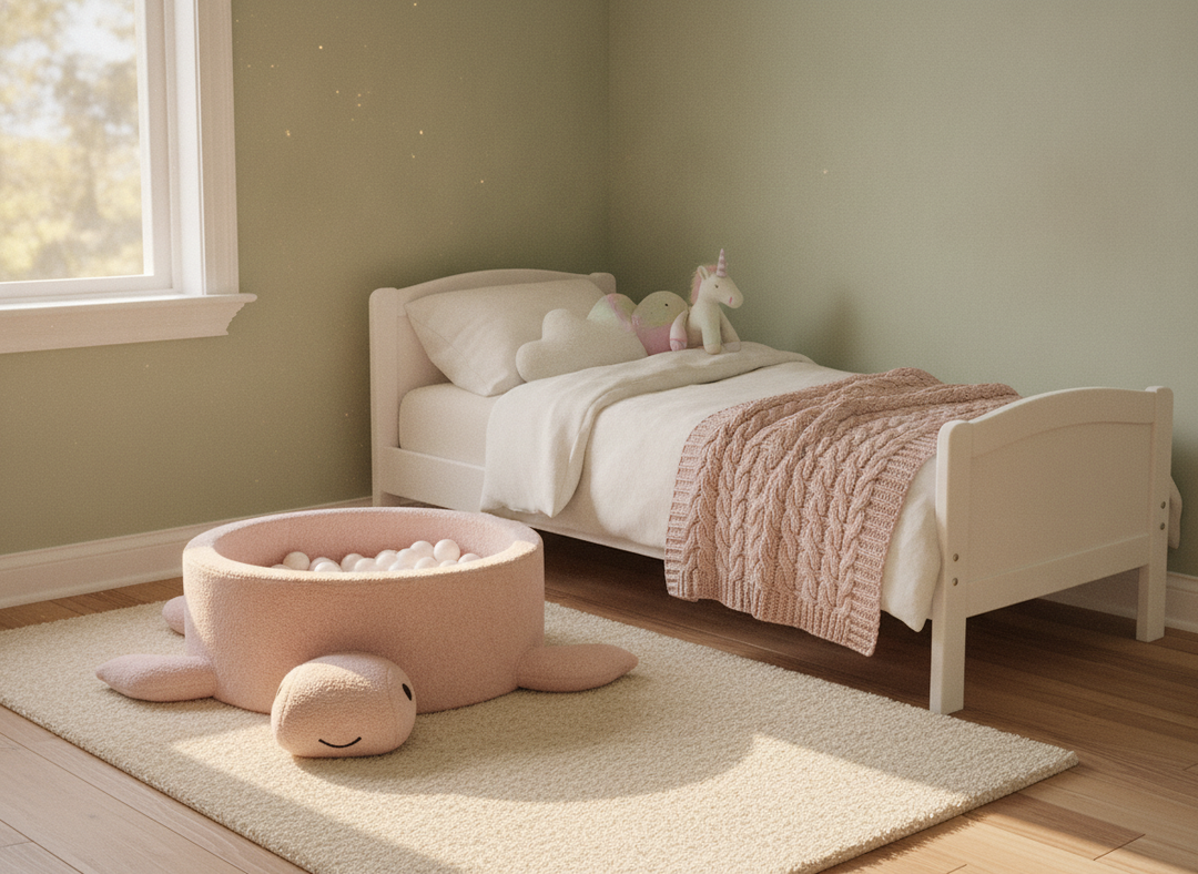 MeowBaby Raspberry Glaze Pink boucle turtle ball pit in a bedroom corner beside a small bed