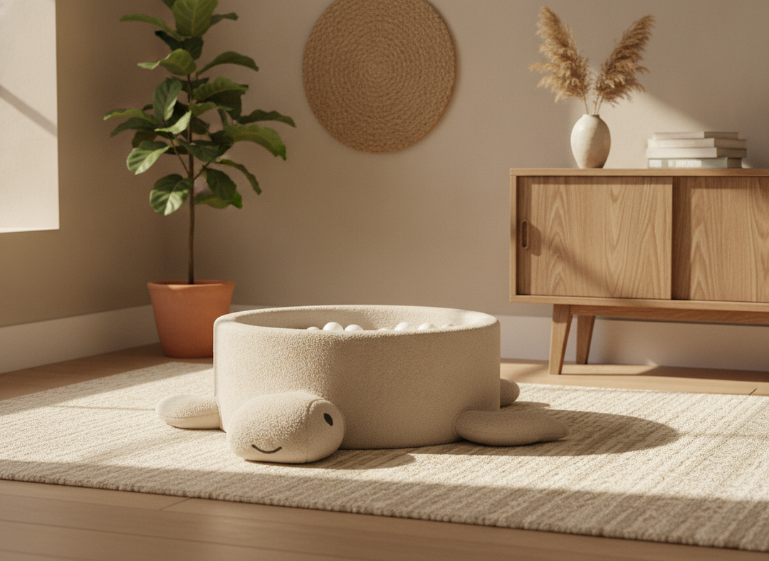 MeowBaby Oat Biscuit Beige boucle turtle ball pit in a warm sunlit living room corner