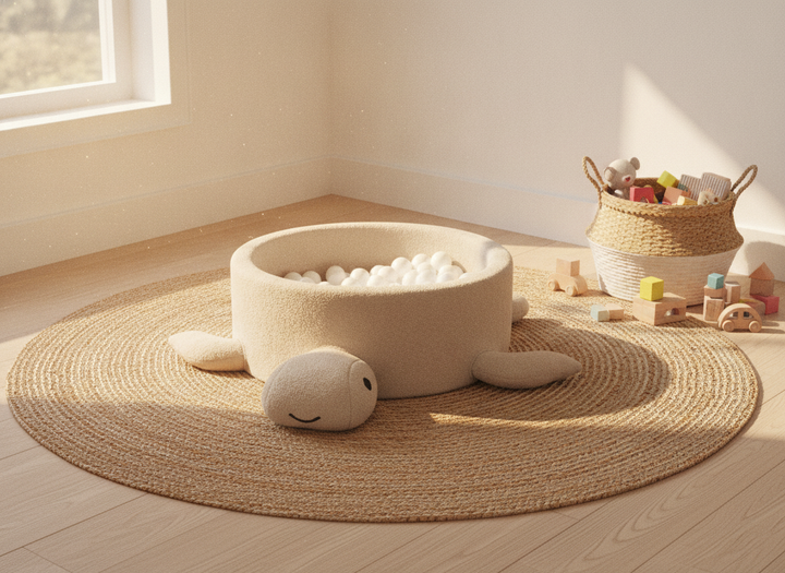 MeowBaby Oat Biscuit Beige boucle turtle ball pit on a jute rug in a bright playroom with a toy basket