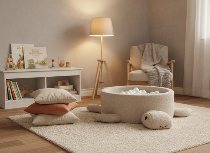 MeowBaby Oat Biscuit Beige boucle turtle ball pit in a cosy family snug beside a bookshelf