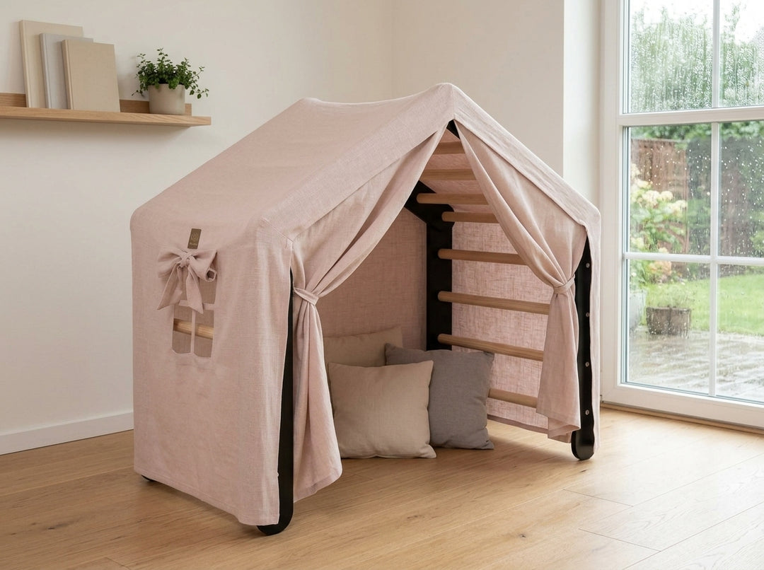MeowBaby House and Ladder Climbing Set with pink tent set up as a den in a bedroom