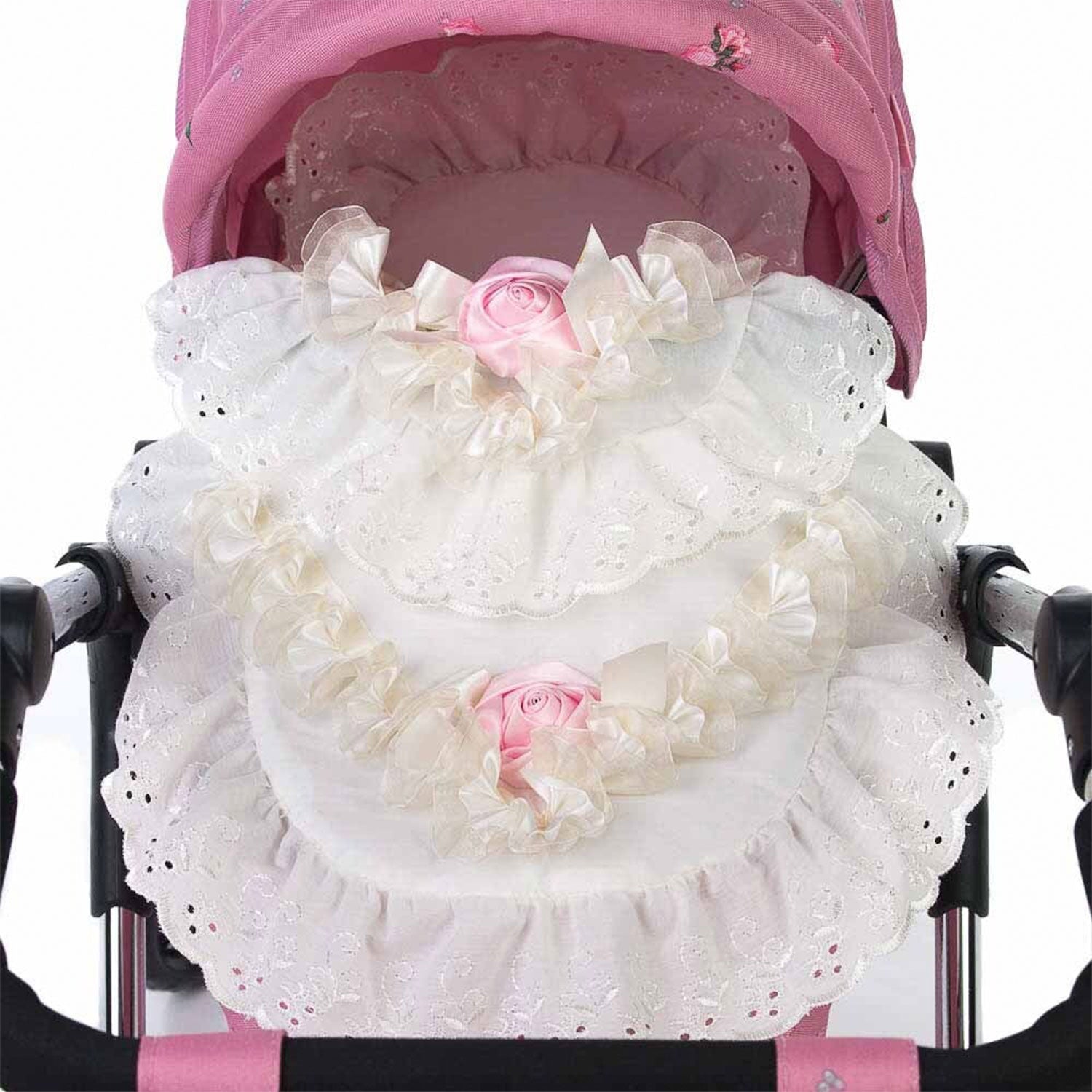 Roma Dolls Pram 2 Piece Bedding Set in cream and pink rose print, quilt and pillow