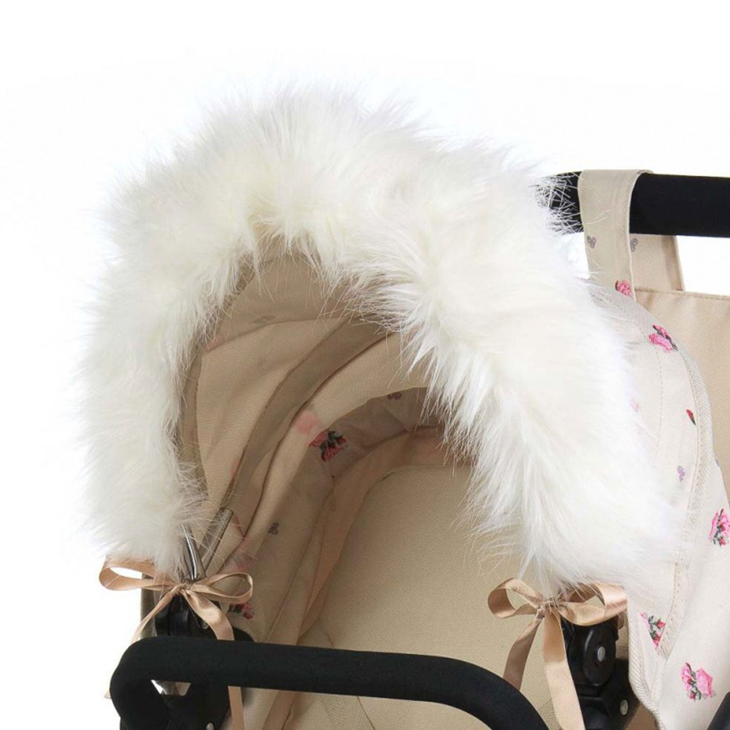 Roma Dolls Pram Hood Fur in cream, ribbon-tied to a dolls pram hood