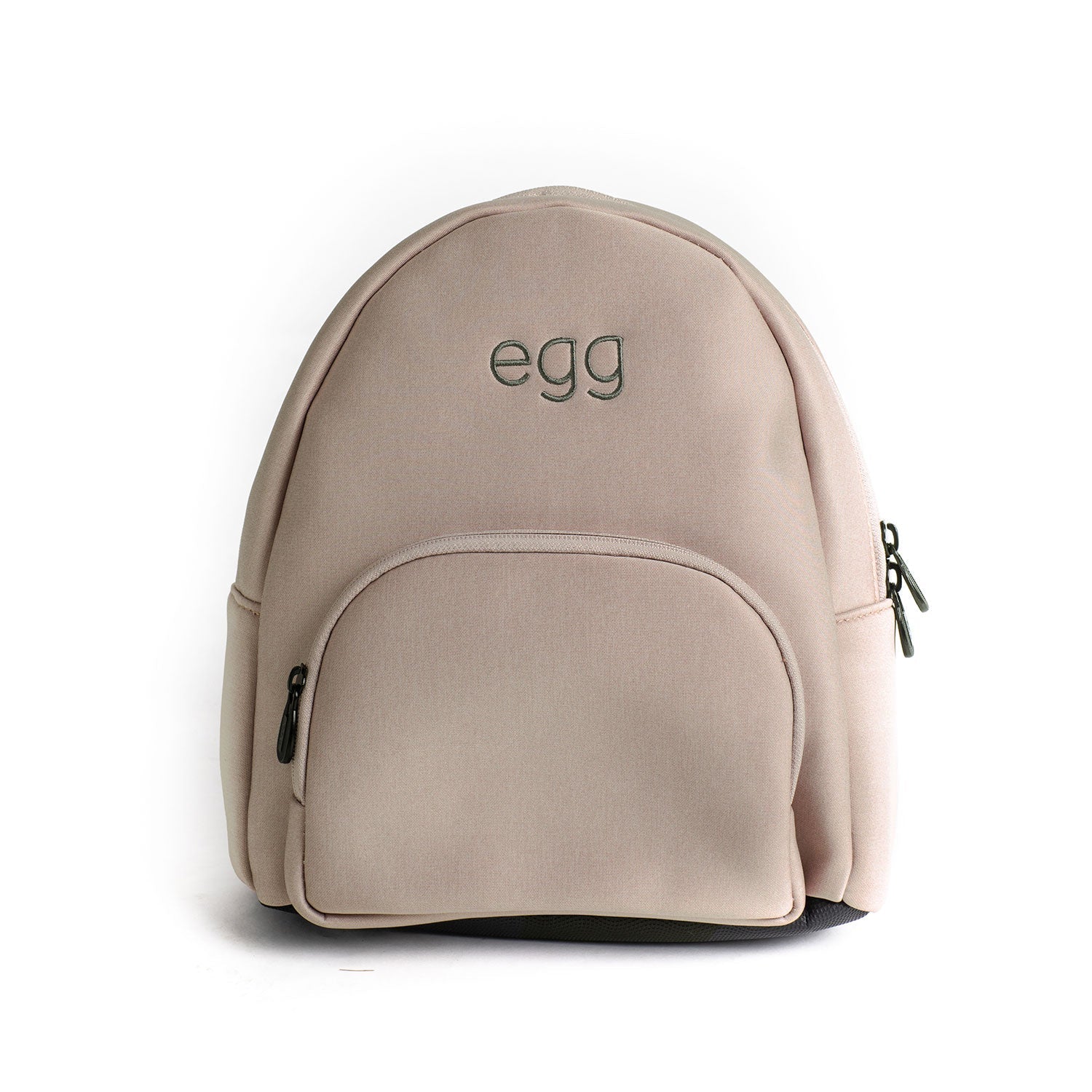 Roma Egg® Dolls Pram Bag in Feather, front view of the backpack with embroidered egg logo and front zip pocket