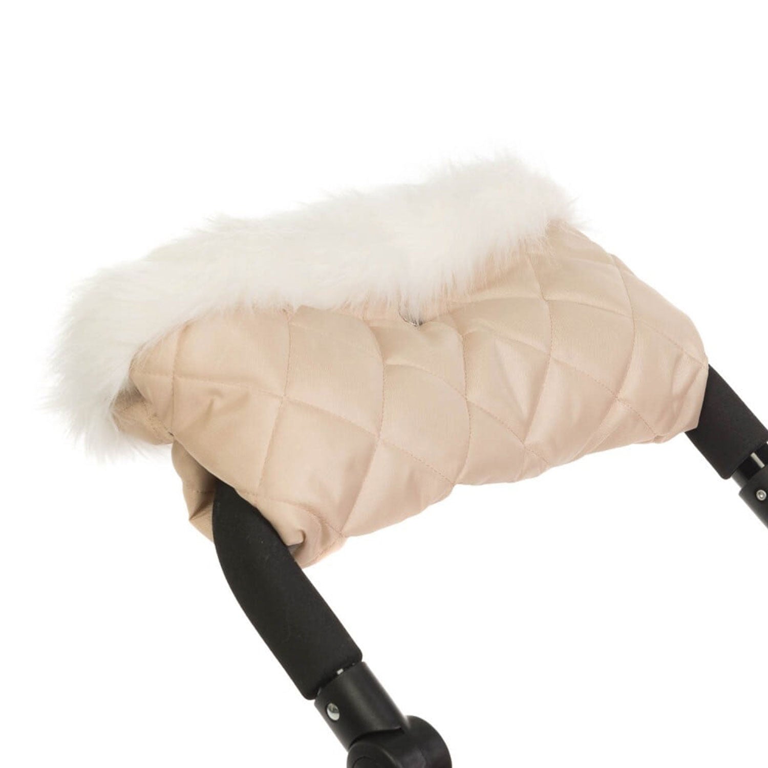Roma Dolls Pram Fur Handmuff in cream, fitted to a dolls pram handle