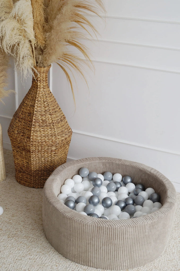 Monio for Kids Beige Corduroy Round Ball Pit — lifestyle image with warm beige tones